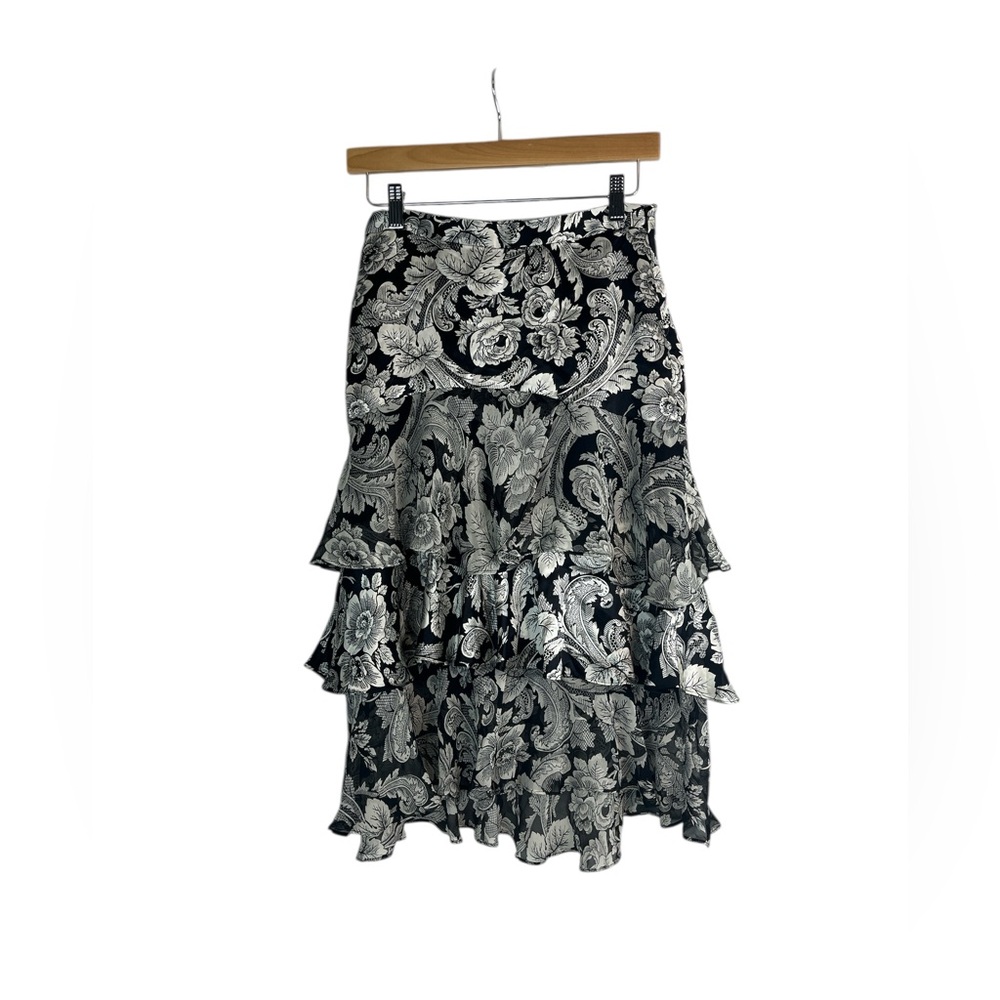 White House Black Market Silk Floral Ruffle Midi‎ Skirt Black White Size 2